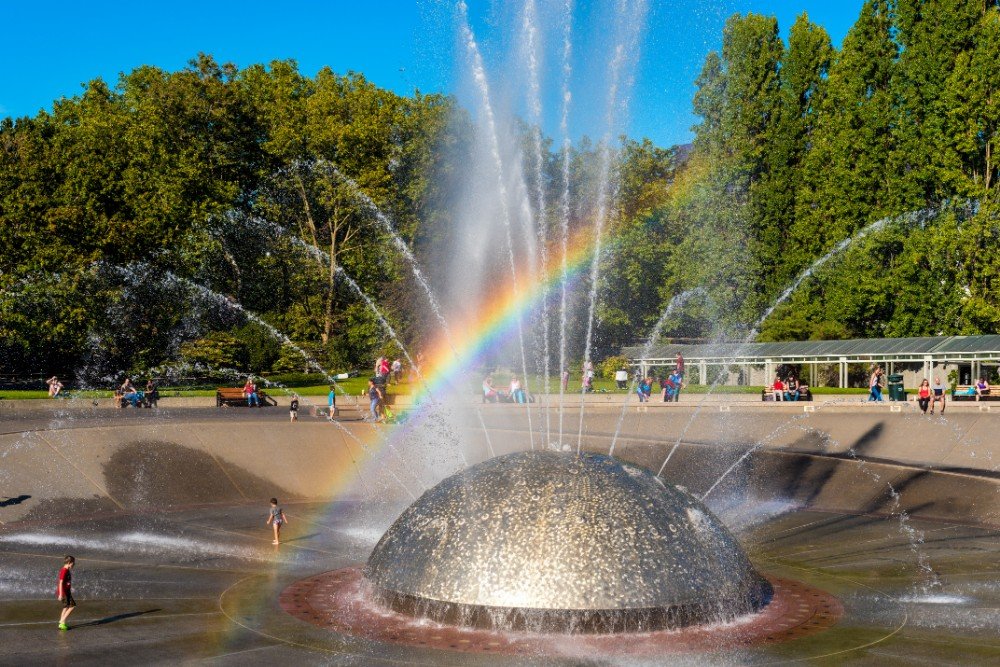 A rainbow over the International Fountain at Seattle Center