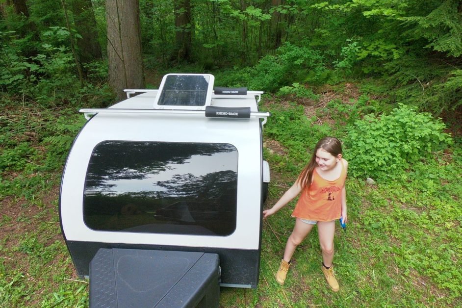 The Droplet Trailer in the woods shot from above